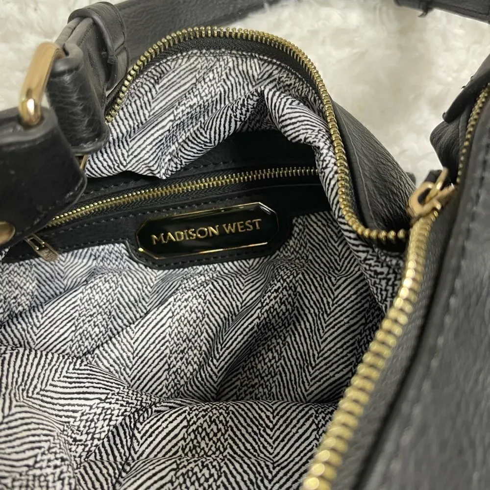 Madison West black faux leather basket weave large hobo bag gold tone hardwares